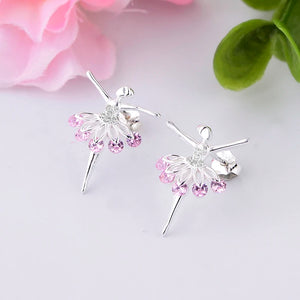 925 Silver Flower Fairy Angel Ballerina Pink Zircon Earrings