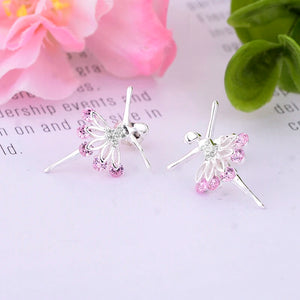 925 Silver Flower Fairy Angel Ballerina Pink Zircon Earrings
