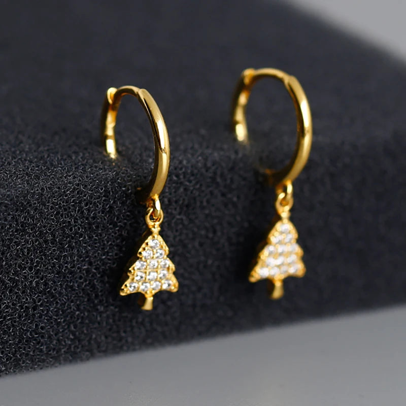 925 Silver Pine Christmas Tree Zircon Pendant Hoop Earring