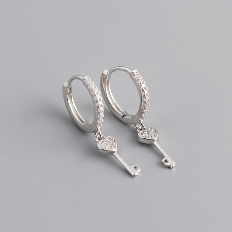925 Silver Heart Key Zirconia Hoop Earring Women Oorbellen