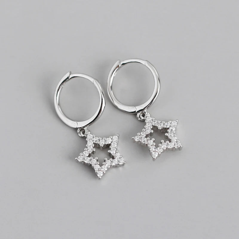 925 Silver Star Zircon Crystal Hoop Earrings for Women