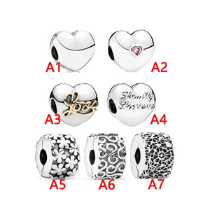 925 Silver Vintage Heart Lettering Hollow Clip Charm DIY Bracelet
