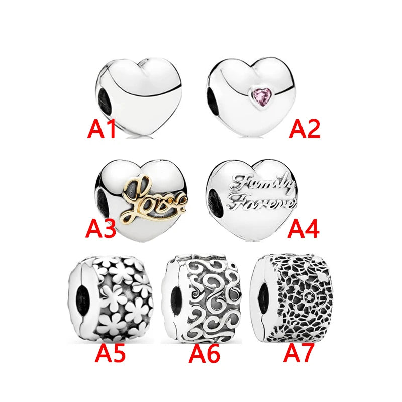 925 Silver Vintage Heart Lettering Hollow Clip Charm DIY Bracelet