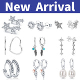 925 Silver Hoop Earring Pave CZ Star Moon Feather Wedding Party Jewelry