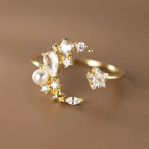 925 Silver Zircon Star Moon Pearl Ring Adjustable Jewelry for Women