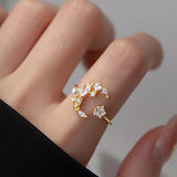 925 Silver Zircon Star Moon Pearl Ring Adjustable Jewelry for Women