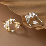 925 Silver Zircon Star Moon Pearl Ring Adjustable Jewelry for Women