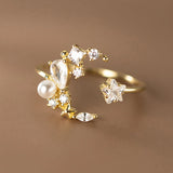 925 Silver Zircon Star Moon Pearl Ring Adjustable Jewelry for Women