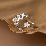 925 Silver Zircon Star Moon Pearl Ring Adjustable Jewelry for Women
