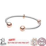 925 Silver Pan Bracelet Rose Button Fit European Charm Bracelets Women Jewelry