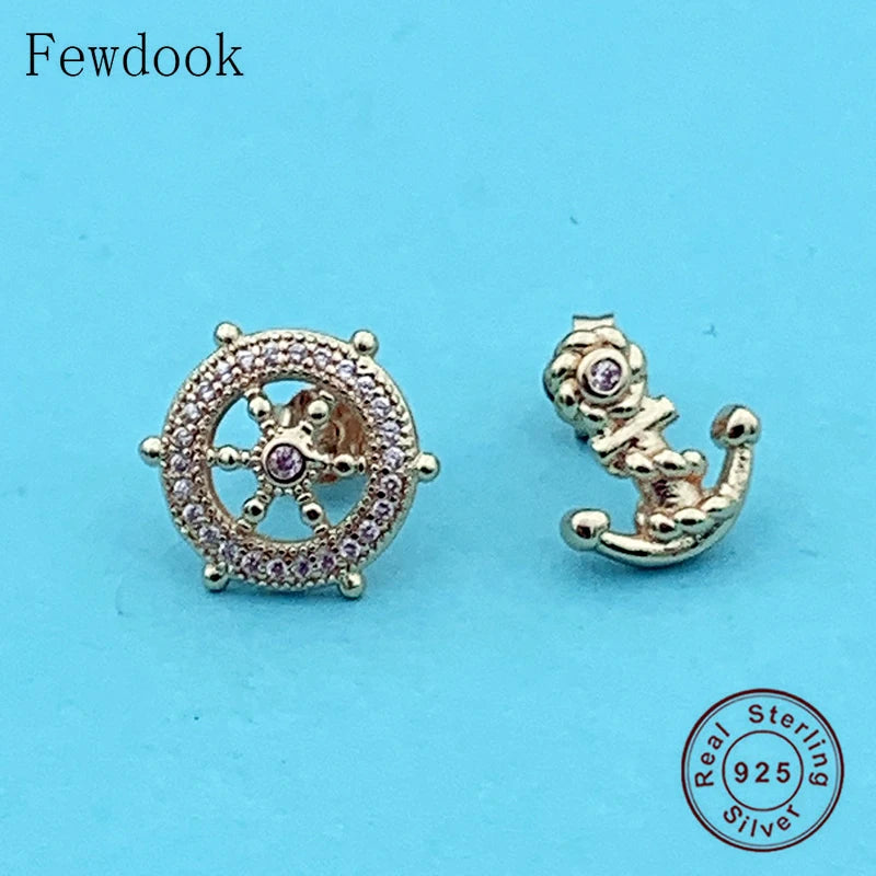 925 Silver Rose Circle Sea Navigation Steering Wheel Stud Earring