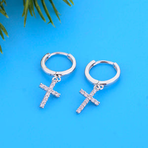 925 Silver Christian Cross Zirconia Hoop Earrings
