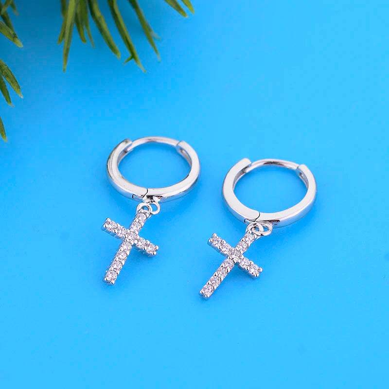 925 Silver Christian Cross Zirconia Hoop Earrings