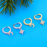 925 Silver Moon & Star CZ Asymmetric Hoop Earrings