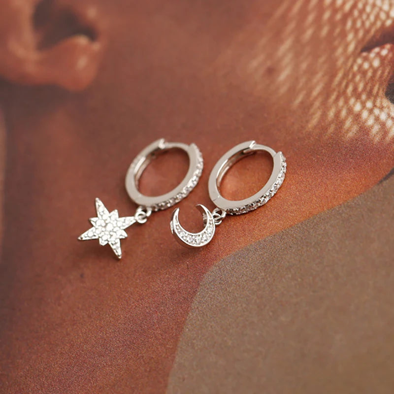 925 Silver Moon & Star CZ Asymmetric Hoop Earrings