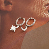 925 Silver Moon & Star CZ Asymmetric Hoop Earrings