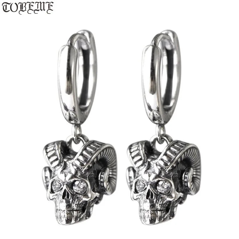 925 Silver Skull Earrings Vintage Sterling Silver Sheep horn Skeleton Earrings