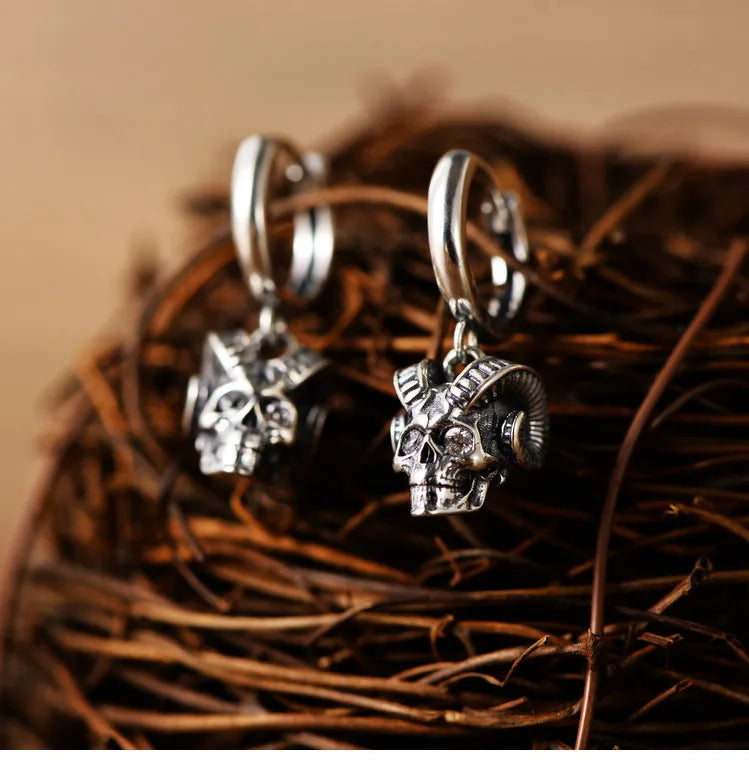 925 Silver Skull Earrings Vintage Sterling Silver Sheep horn Skeleton Earrings