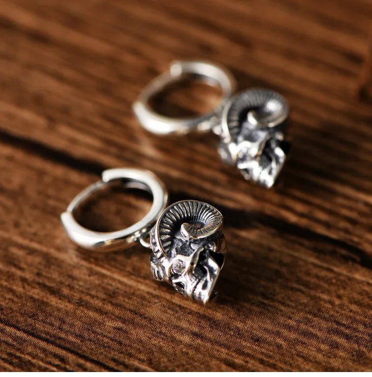 925 Silver Skull Earrings Vintage Sterling Silver Sheep horn Skeleton Earrings