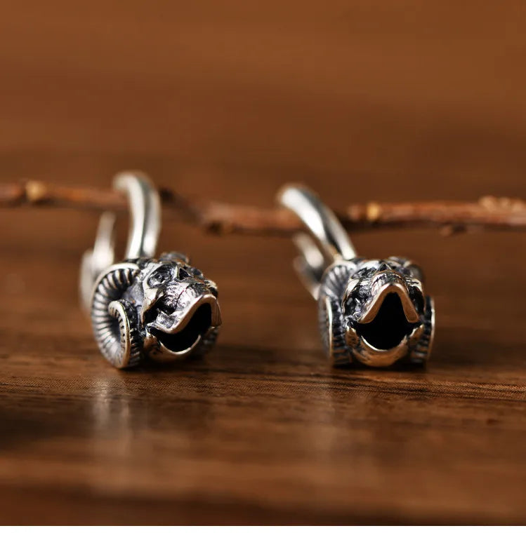 925 Silver Skull Earrings Vintage Sterling Silver Sheep horn Skeleton Earrings