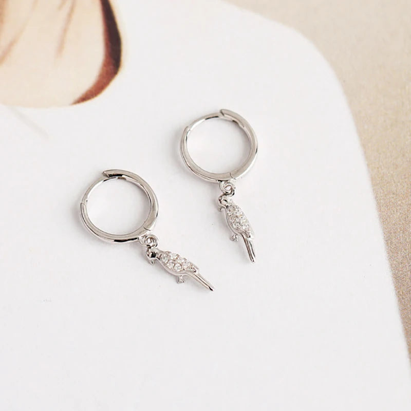 925 Silver Bird Parrot Zirconia Pendant Hoop Earrings