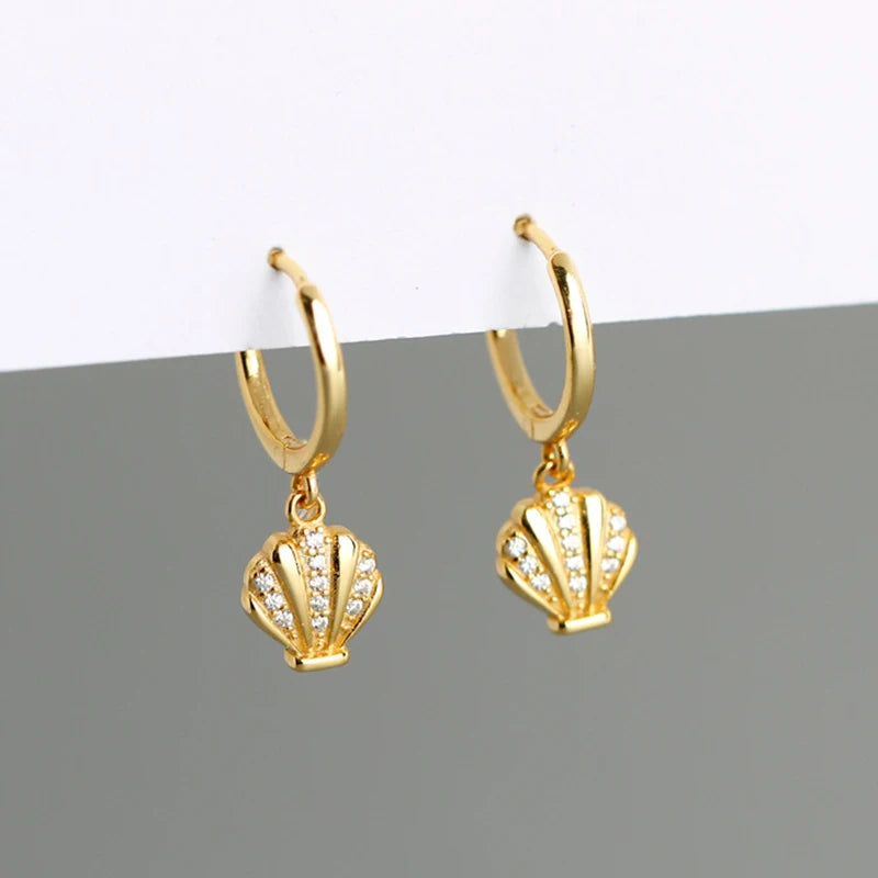 925 Silver Sea Shell Zircon Pendant Hoop Earrings