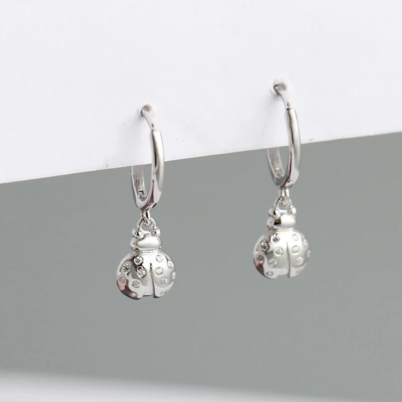 925 Silver Ladybug Zircon Piercing Hoop Earrings