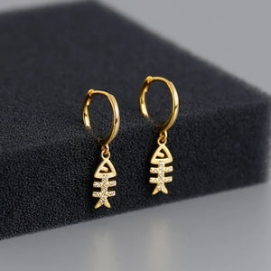 925 Silver Fish Bone Pendant Zircon Hoop Earrings for Women