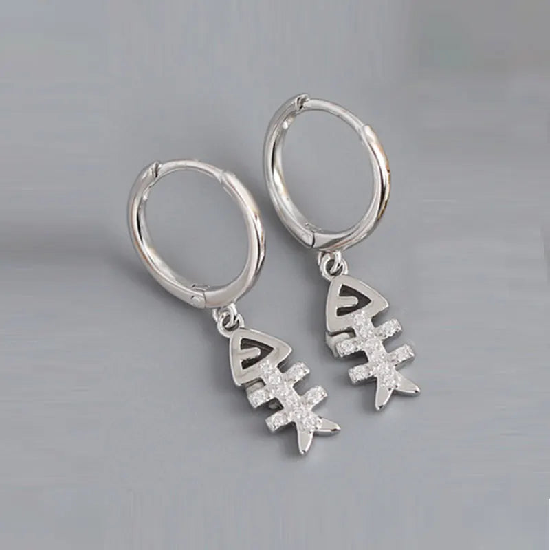 925 Silver Fish Bone Pendant Zircon Hoop Earrings for Women