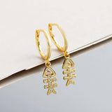 925 Silver Fish Bone Pendant Zircon Hoop Earrings for Women