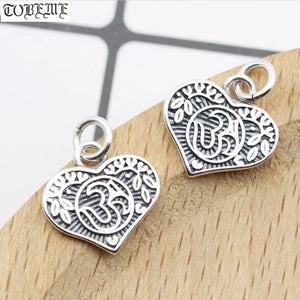 925 Silver Tibetan Charm Buddhist Word Pendant Heart-shape Amulet Godd Luck