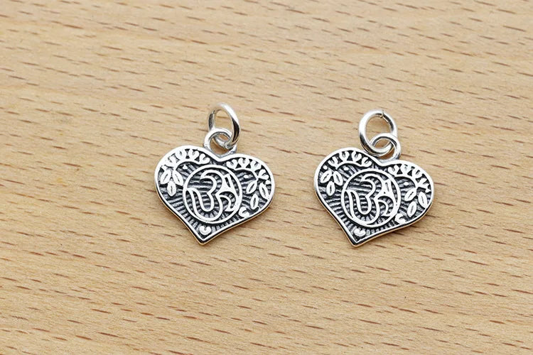 925 Silver Tibetan Charm Buddhist Word Pendant Heart-shape Amulet Godd Luck
