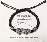 925 Silver Wealth Pixiu Bracelet Tibetan Six Words Beads Fengshui Lucky Bracelet