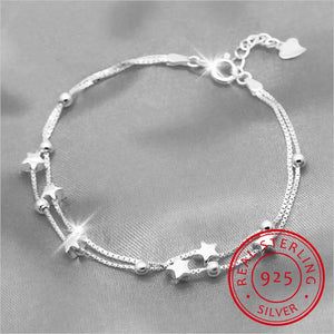 925 Sterling Silver Double Layer Star Beads Bracelet for Women Girl