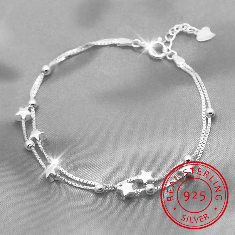 925 Sterling Silver Double Layer Star Beads Bracelet for Women Girl