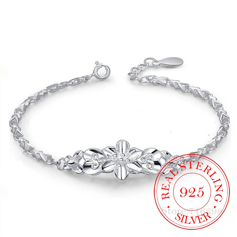 925 Solid Silver Women's love flower Bracelet Wedding Party Gift