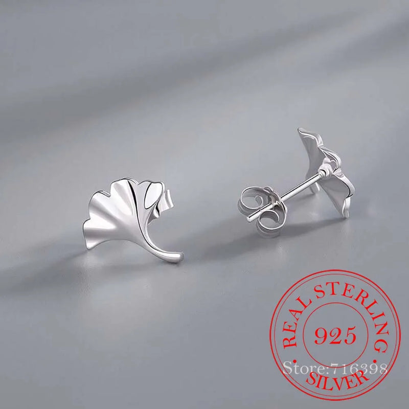925 Silver Ginkgo Biloba Leaf Stud Earrings for Women