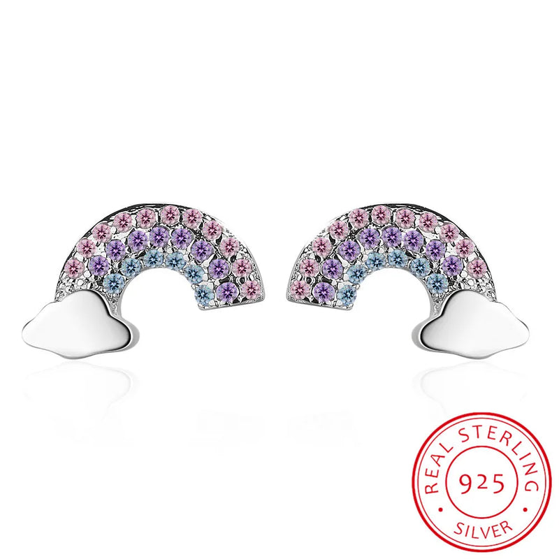 925 Sterling Silver Rainbow Cloud Stud Earring Colorful CZ Women Girl
