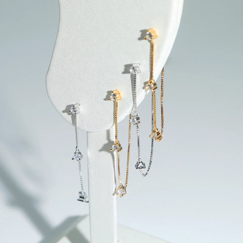 925 Silver CZ Tassel Dangle Drop Earrings Geometric Women Jewelry
