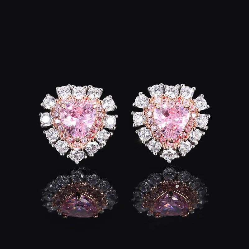 925 Silver Heart Pink Diamond Stud Earrings Sparkling Jewelry