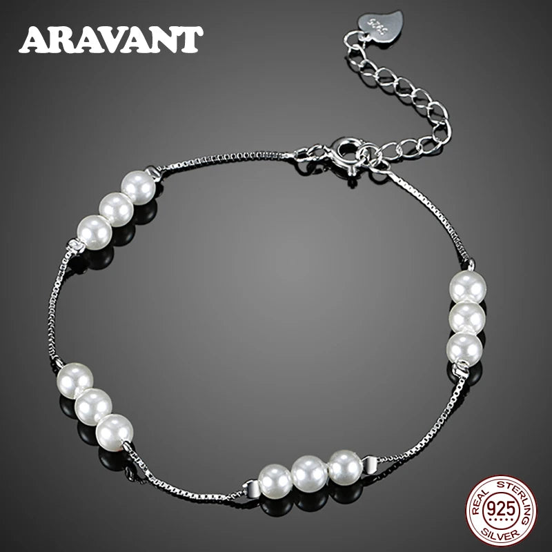 925 Sterling Silver 6MM Pearl Bracelet Chain Wedding Jewelry