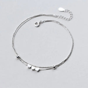 925 Silver Anklets Double Layer Hearts Beads Foot Bracelets
