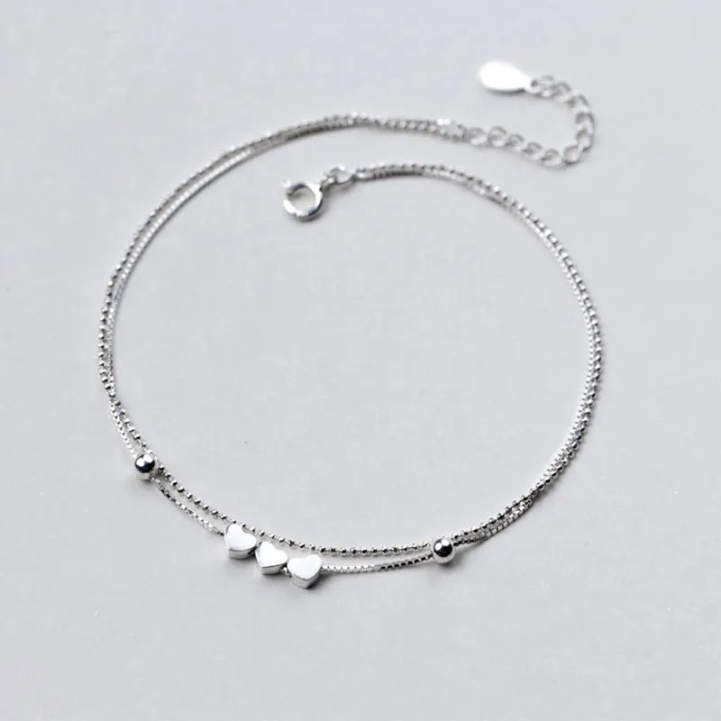 925 Silver Anklets Double Layer Hearts Beads Foot Bracelets