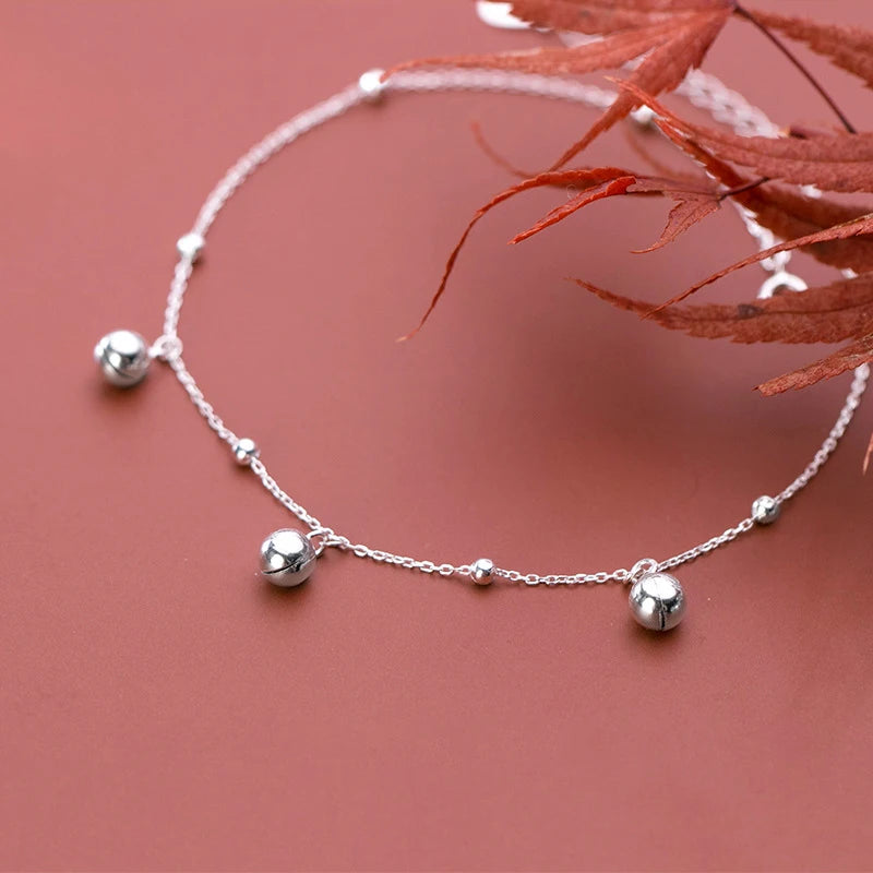 925 Sterling Silver Anklets Woman Bells Foot Bracelet Leg Chain Jewelry