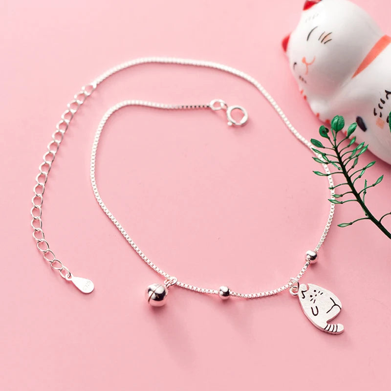 925 Silver Cat Foot Anklet Bell Chain Leg Jewelry