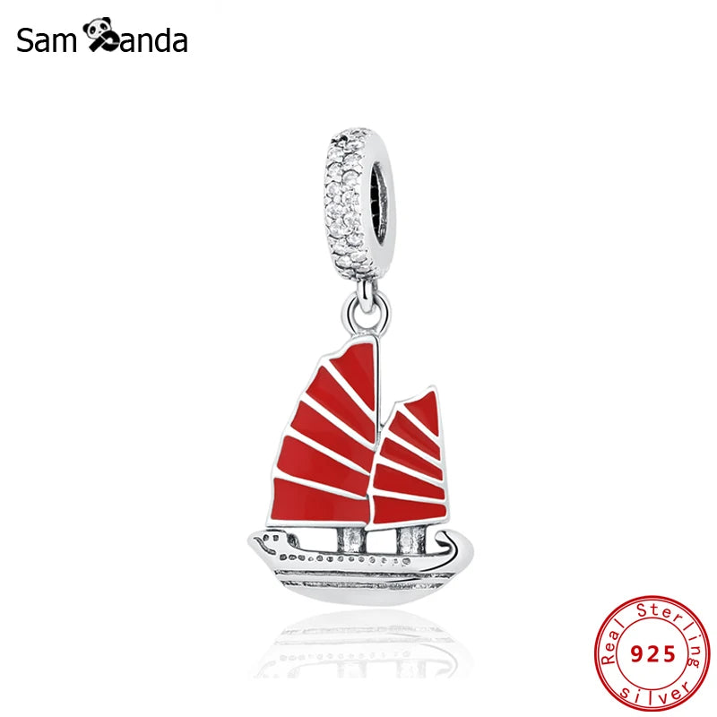 925 Silver Red Chinese Junk Pendant Charm for Bracelets