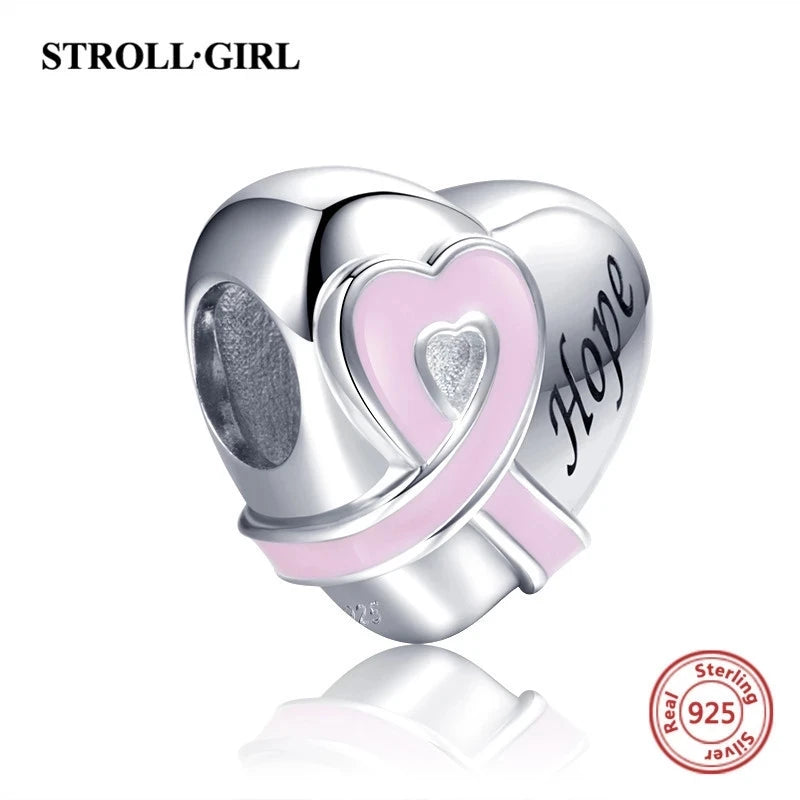 925 Silver Heart Shape Belt Pink Charms for Bracelet DIY Jewelry