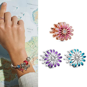 925 Sterling Silver Pink Daisy Beads for Bracelet & Necklace Jewelry