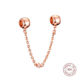 925 Silver Beads Rose & Clear CZ Hearts Safety Chain Charms