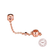 925 Silver Beads Rose & Clear CZ Hearts Safety Chain Charms